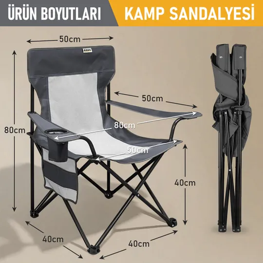 Haegs Kamp Sandalyesi, Outdoor, Plaj ve Piknik için Katlanır Kamp Sandalyesi, Saklama Cepli, Bardak Tutuculu, Extra Destekli, 120 Kg Taşıma Kapasiteli, Standart Boy - Gri