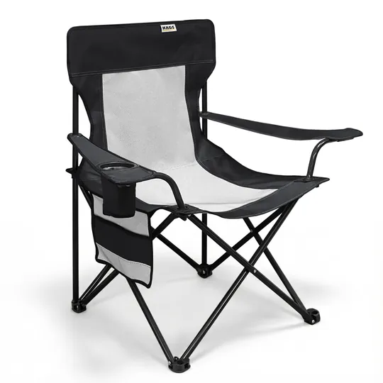 Haegs Kamp Sandalyesi, Outdoor, Plaj ve Piknik için Katlanır Kamp Sandalyesi, Saklama Cepli, Bardak Tutuculu, Extra Destekli, 120 Kg Taşıma Kapasiteli, Standart Boy - Siyah