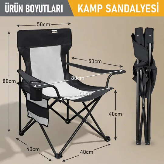 Haegs Kamp Sandalyesi, Outdoor, Plaj ve Piknik için Katlanır Kamp Sandalyesi, Saklama Cepli, Bardak Tutuculu, Extra Destekli, 120 Kg Taşıma Kapasiteli, Standart Boy - Siyah