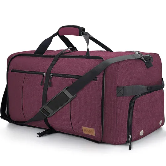 Haegs Katlanabilir Seyahat Çantası, Bavul Valiz Büyük Boy El Bagajı Çantası Erkekler ve Kadınlar için, Ayakkabı Bölmeli Hafta Sonu Geceleme, Katlanır Hurç Çanta 120L - Bordo