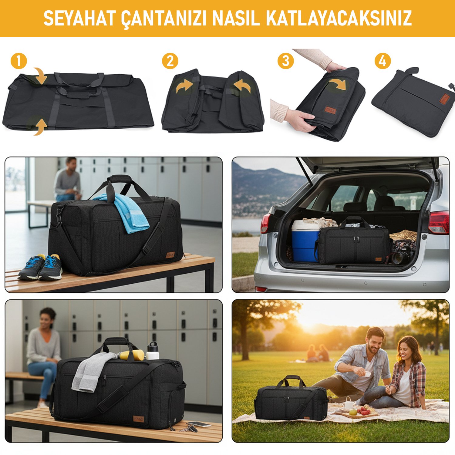 Haegs Katlanabilir Seyahat Çantası, Bavul Valiz Büyük Boy El Bagajı Çantası Erkekler ve Kadınlar için, Ayakkabı Bölmeli Hafta Sonu Geceleme, Katlanır Hurç Çanta 120L - Lacivert