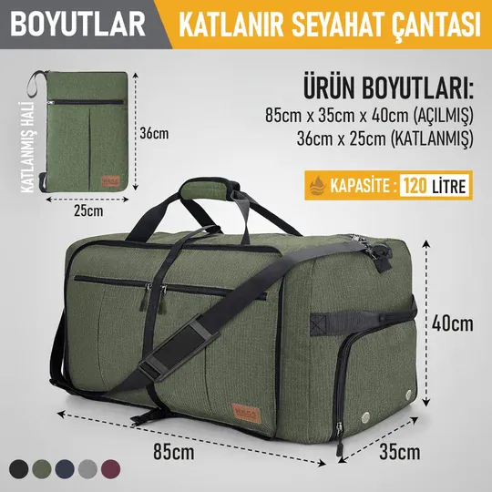 Haegs Katlanabilir Seyahat Çantası, Bavul Valiz Büyük Boy El Bagajı Çantası Erkekler ve Kadınlar için, Ayakkabı Bölmeli Hafta Sonu Geceleme, Katlanır Hurç Çanta 120L -Haki