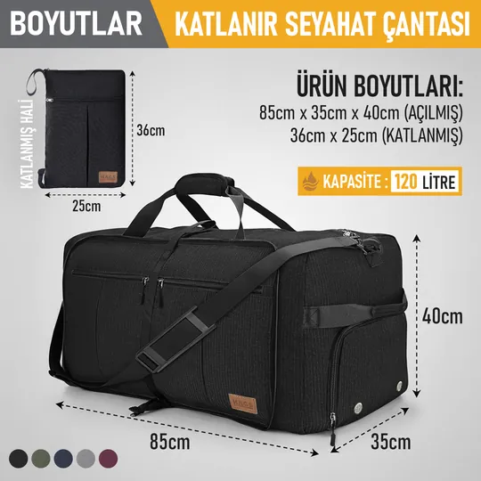 Haegs Katlanabilir Seyahat Çantası, Bavul Valiz Büyük Boy El Bagajı Çantası Erkekler ve Kadınlar için, Ayakkabı Bölmeli Hafta Sonu Geceleme, Katlanır Hurç Çanta 120L - Siyah