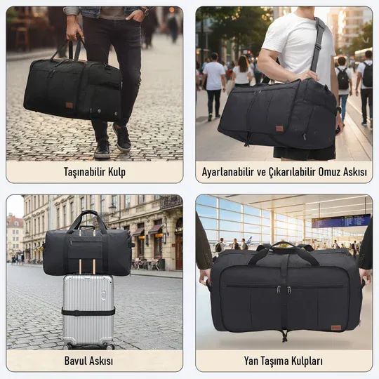 Haegs Katlanabilir Seyahat Çantası, Bavul Valiz Büyük Boy El Bagajı Çantası Erkekler ve Kadınlar için, Ayakkabı Bölmeli Hafta Sonu Geceleme, Katlanır Hurç Çanta 120L - Siyah