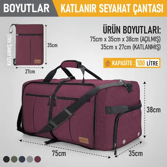 Haegs Katlanabilir Seyahat Çantası, Bavul Valiz Büyük Boy El Bagajı Çantası Erkekler ve Kadınlar için, Ayakkabı Bölmeli Hafta Sonu Geceleme, Katlanır Hurç Çanta 100L - Bordo