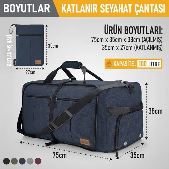 Haegs Katlanabilir Seyahat Çantası, Bavul Valiz Büyük Boy El Bagajı Çantası Erkekler ve Kadınlar için, Ayakkabı Bölmeli Hafta Sonu Geceleme, Katlanır Hurç Çanta 100L - Lacivert