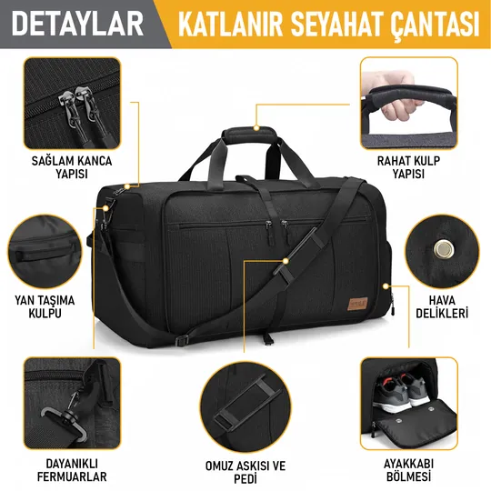 Haegs Katlanabilir Seyahat Çantası, Bavul Valiz Büyük Boy El Bagajı Çantası Erkekler ve Kadınlar için, Ayakkabı Bölmeli Hafta Sonu Geceleme, Katlanır Hurç Çanta 100L - Lacivert