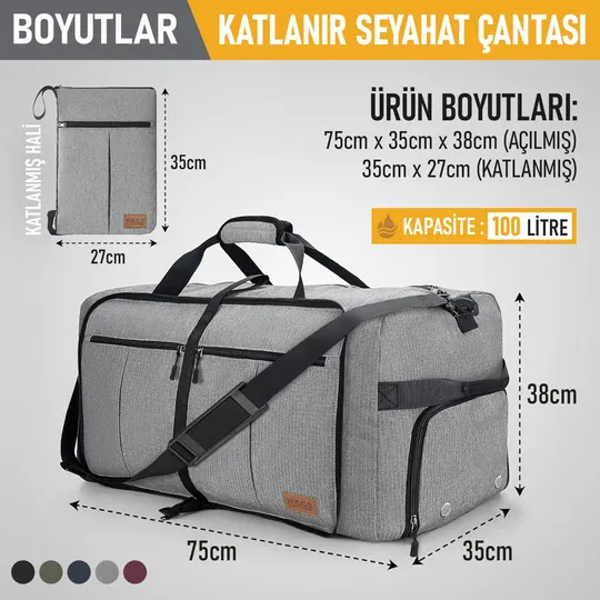 Haegs Katlanabilir Seyahat Çantası, Bavul Valiz Büyük Boy El Bagajı Çantası Erkekler ve Kadınlar için, Ayakkabı Bölmeli Hafta Sonu Geceleme, Katlanır Hurç Çanta 100L - Gri