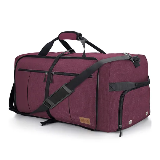 Haegs Katlanabilir Seyahat Çantası, Bavul Valiz Büyük Boy El Bagajı Çantası Erkekler ve Kadınlar için, Ayakkabı Bölmeli Hafta Sonu Geceleme, Katlanır Hurç Çanta 80L - Bordo