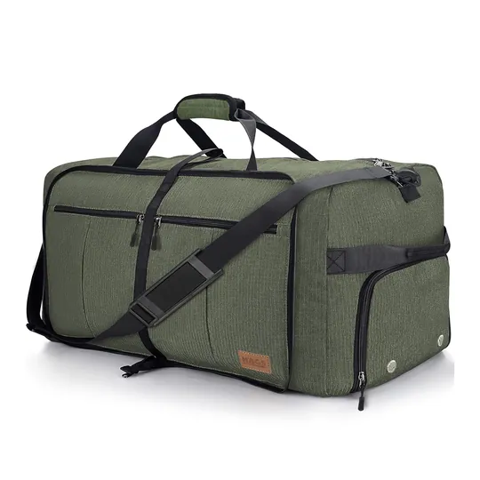 Haegs Katlanabilir Seyahat Çantası, Bavul Valiz Büyük Boy El Bagajı Çantası Erkekler ve Kadınlar için, Ayakkabı Bölmeli Hafta Sonu Geceleme, Katlanır Hurç Çanta 80L - Haki