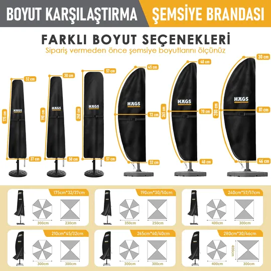 Haegs Bahçe Şemsiye Kılıfı, Veranda Parasol Konsol Şemsiyesi Brandası, Koruma Örtüsü, Su Geçirmez, Hava Koşullarına Dayanıklı Bahçe Gölgelik Güneşlik Örtüsü (280-30/81/46 cm) Siyah