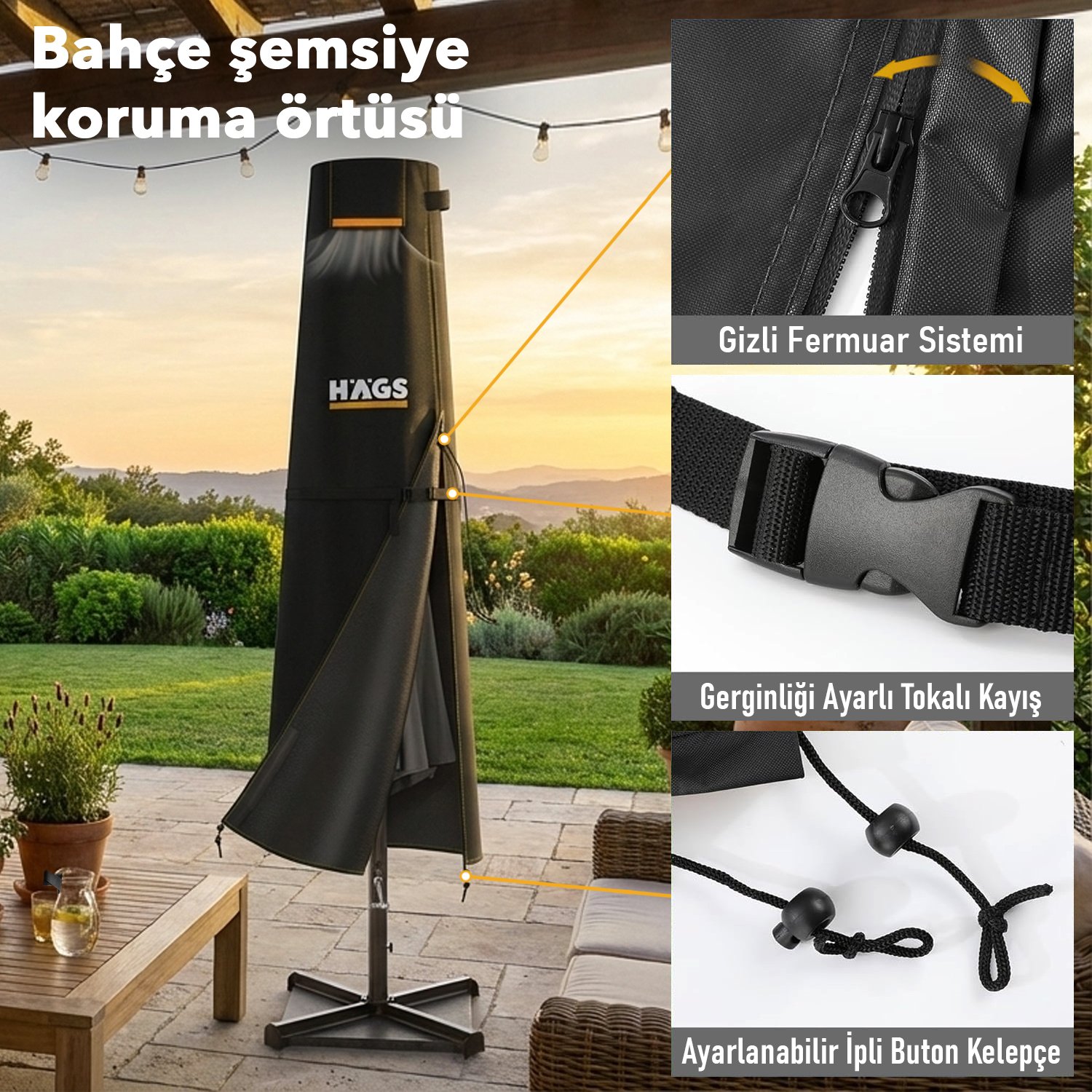 Haegs Bahçe Şemsiye Kılıfı, Veranda Parasol Konsol Şemsiyesi Brandası, Koruma Örtüsü, Su Geçirmez, Hava Koşullarına Dayanıklı Bahçe Gölgelik Güneşlik Örtüsü (265-40/70/40 cm) Siyah