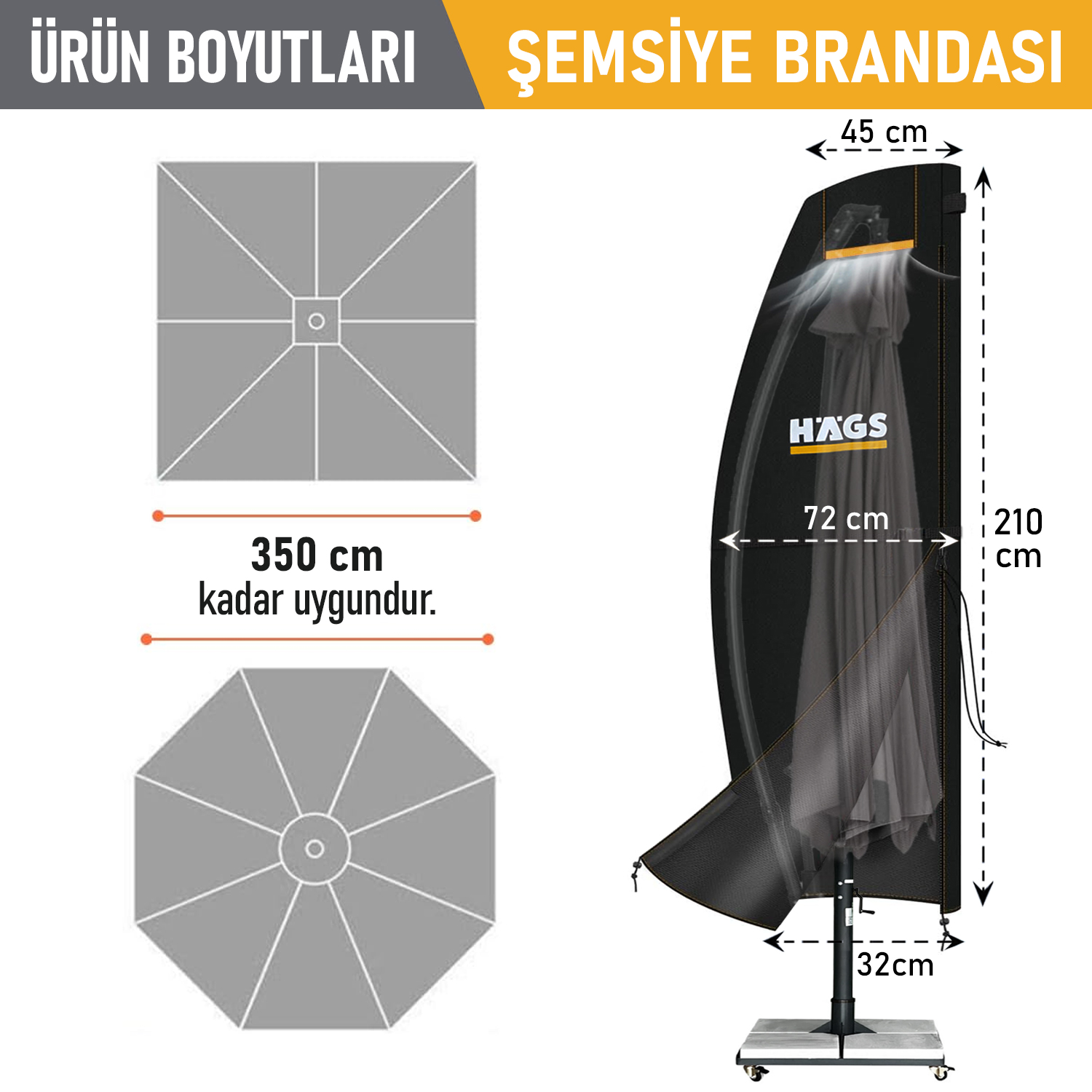 Haegs Bahçe Şemsiye Kılıfı, Veranda Parasol Konsol Şemsiyesi Brandası, Koruma Örtüsü, Su Geçirmez, Hava Koşullarına Dayanıklı Bahçe Gölgelik Güneşlik Örtüsü (240-57/57 cm) Siyah