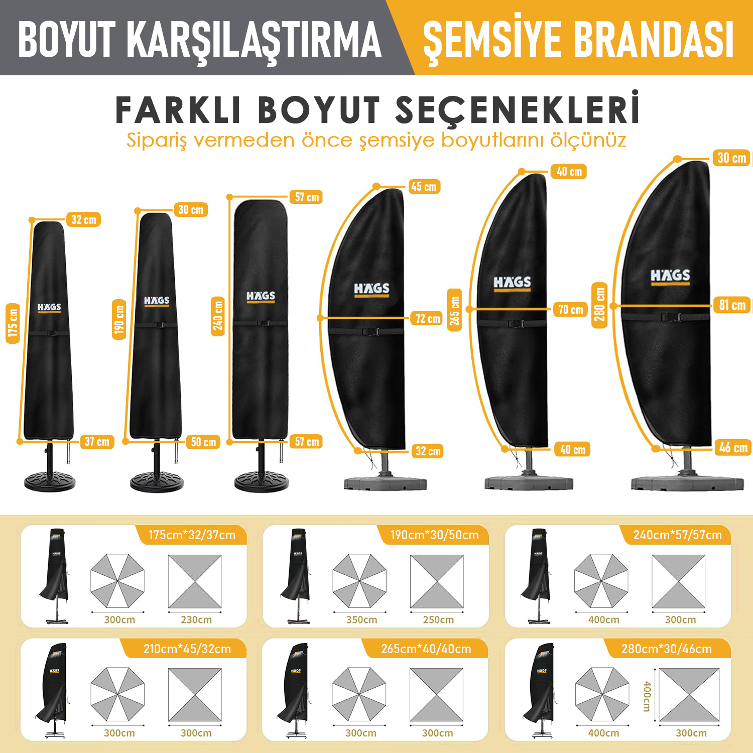 Haegs Bahçe Şemsiye Kılıfı, Veranda Parasol Konsol Şemsiyesi Brandası, Koruma Örtüsü, Su Geçirmez, Hava Koşullarına Dayanıklı Bahçe Gölgelik Güneşlik Örtüsü (240-57/57 cm) Siyah