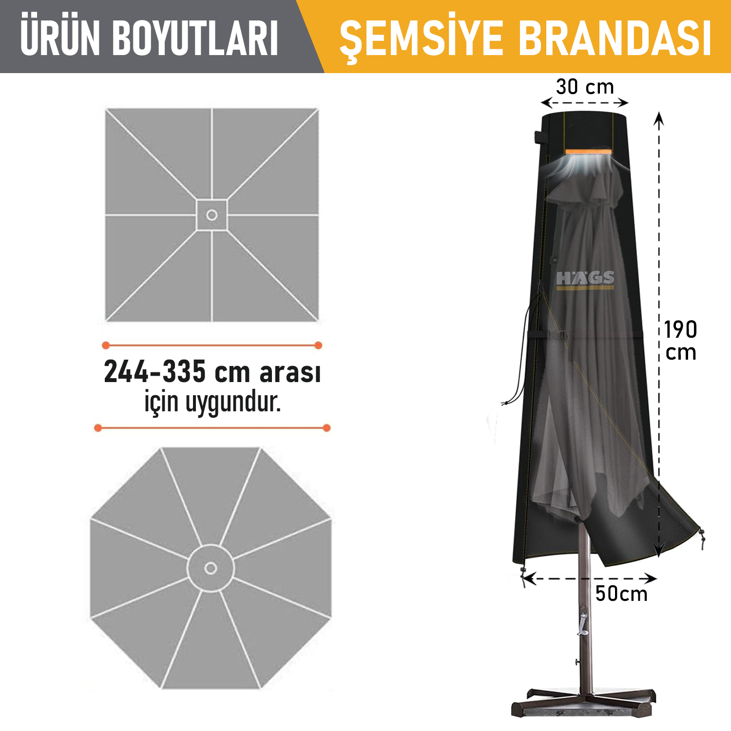 Haegs Bahçe Şemsiye Kılıfı, Veranda Parasol Konsol Şemsiyesi Brandası, Koruma Örtüsü, Su Geçirmez, Hava Koşullarına Dayanıklı Bahçe Gölgelik Güneşlik Örtüsü (190-30/50 cm) Siyah