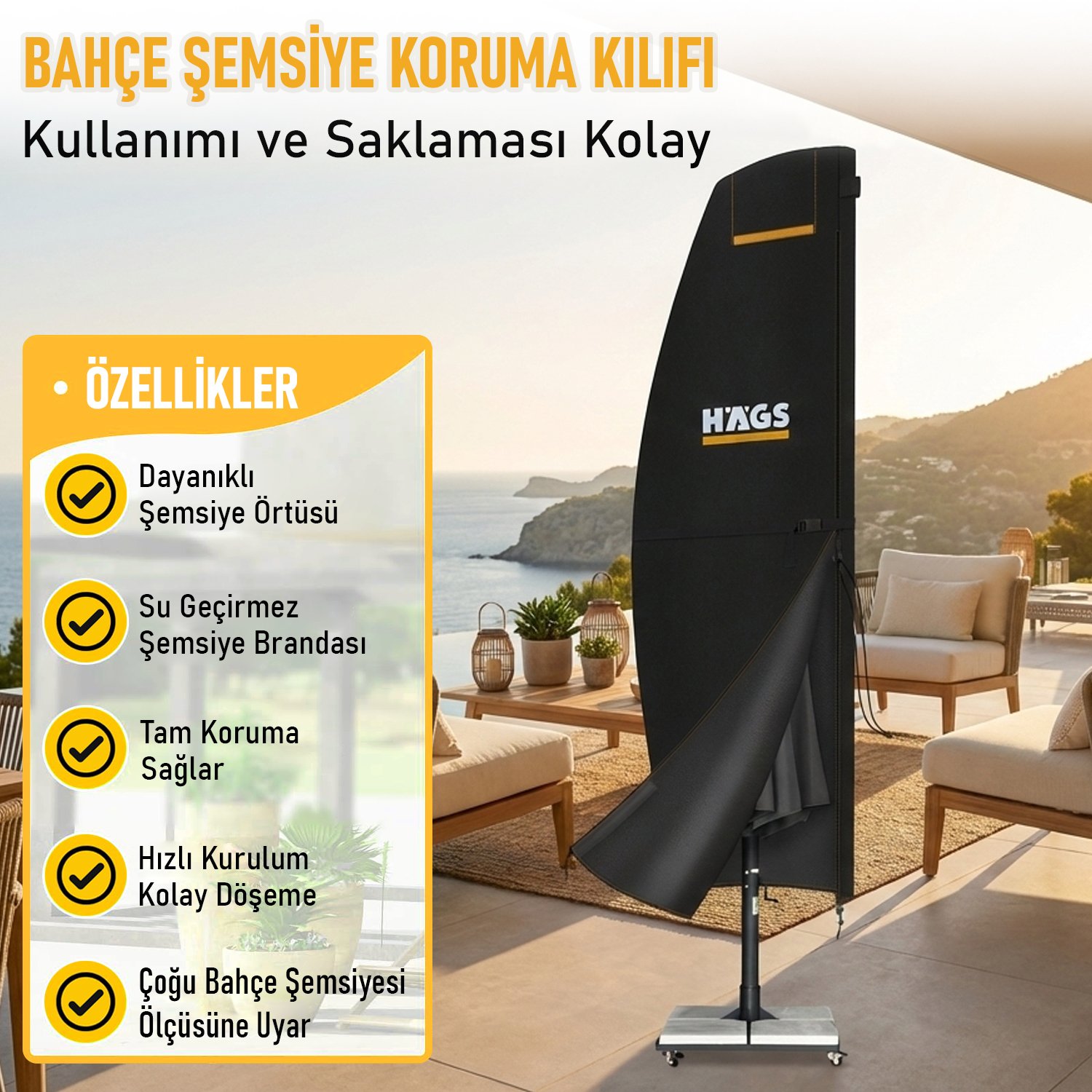 Haegs Bahçe Şemsiye Kılıfı, Veranda Parasol Konsol Şemsiyesi Brandası, Koruma Örtüsü, Su Geçirmez, Hava Koşullarına Dayanıklı Bahçe Gölgelik Güneşlik Örtüsü (190-30/50 cm) Siyah