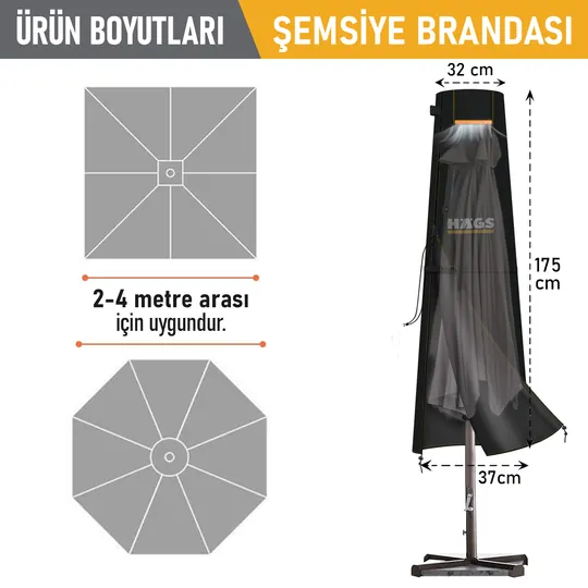 Haegs Bahçe Şemsiye Kılıfı, Veranda Parasol Konsol Şemsiyesi Brandası, Koruma Örtüsü, Su Geçirmez, Hava Koşullarına Dayanıklı Bahçe Gölgelik Güneşlik Örtüsü (175 x 32/37 cm) Siyah