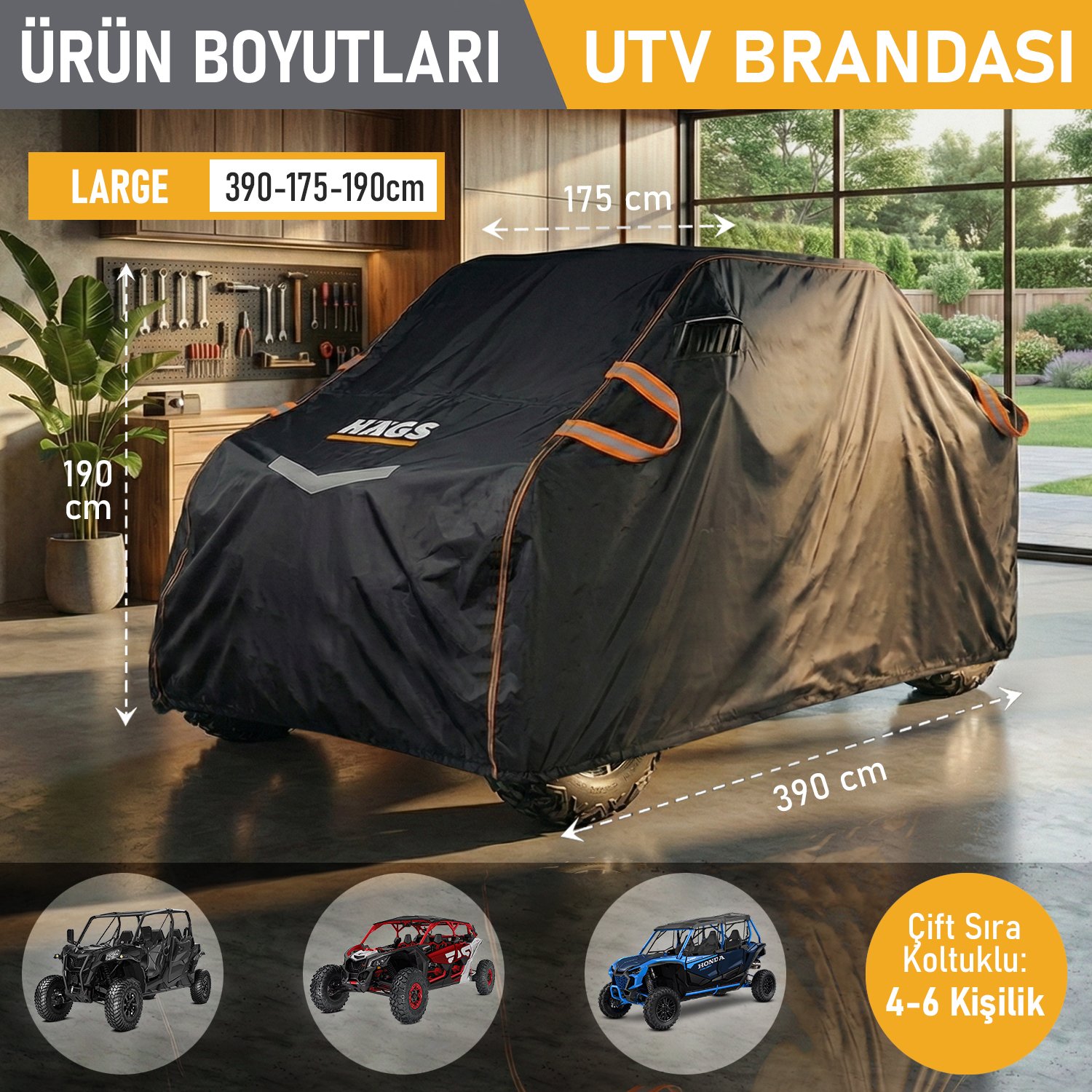 Haegs UTV Brandası, UTV Koruma Kılıfı, Örtüsü, Ağır Hizmet Tipi, Su Geçirmez, 4 Mevsim Koruma, Çift Sıra Koltuklu 4-6 Kişilik UTV için (L-390-175-190cm) Siyah - Gri