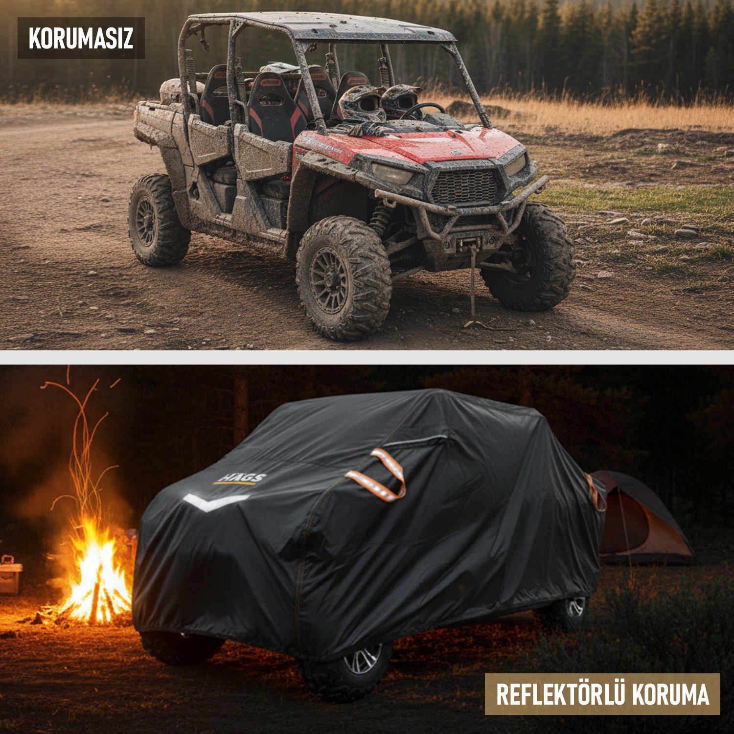 Haegs UTV Brandası, UTV Koruma Kılıfı, Örtüsü, Ağır Hizmet Tipi, Su Geçirmez, 4 Mevsim Koruma, Çift Sıra Koltuklu 4-6 Kişilik UTV için (L-390-175-190cm) Siyah - Gri