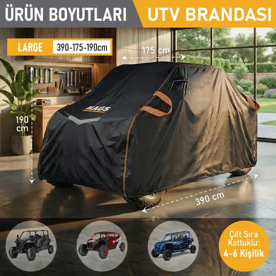 Haegs UTV Brandası, UTV Koruma Kılıfı, Örtüsü, Ağır Hizmet Tipi, Su Geçirmez, 4 Mevsim Koruma, Çift Sıra Koltuklu 4-6 Kişilik UTV için (L-390-175-190cm) Gri