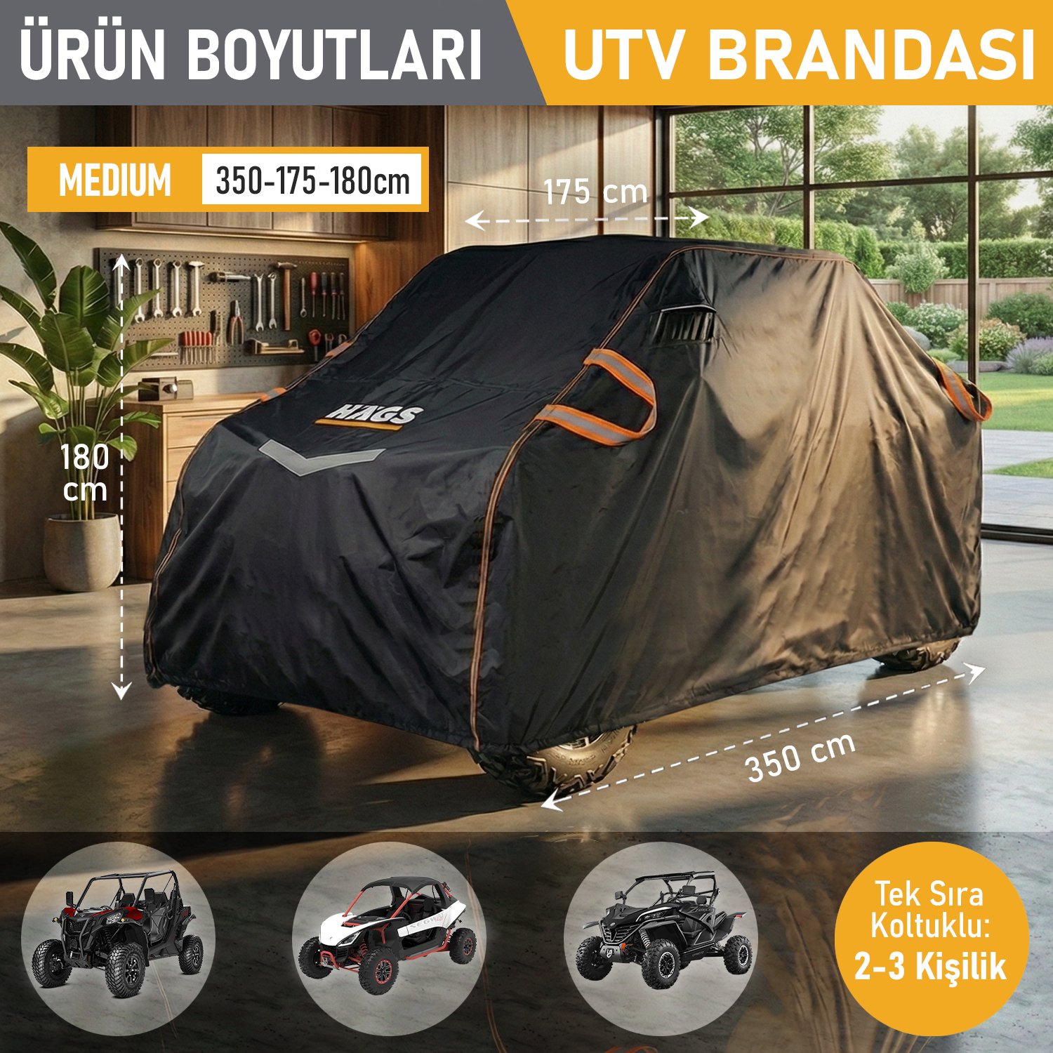 Haegs UTV Brandası, UTV Koruma Kılıfı, Örtüsü, Ağır Hizmet Tipi, Su Geçirmez, 4 Mevsim Koruma, Tek Sıra Koltuklu 2-3 Kişilik UTV için (M-350-175-180cm) Siyah - Gri