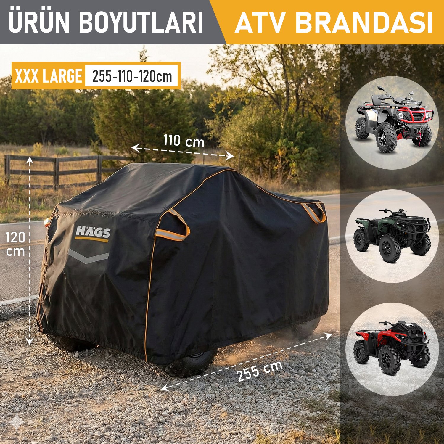 Haegs ATV Brandası, ATV Koruma Kılıfı, Örtüsü Su Geçirmez Dış Mekan Ağır Hizmet Tipi, 4 Mevsim (XXXL-255-110-120) - Gri