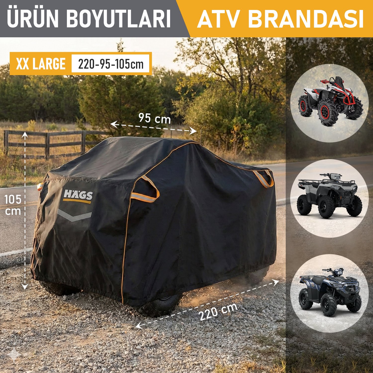 Haegs ATV Brandası, ATV Koruma Kılıfı, Örtüsü Su Geçirmez Dış Mekan Ağır Hizmet Tipi, 4 Mevsim (XXL-220-95-105) - Siyah