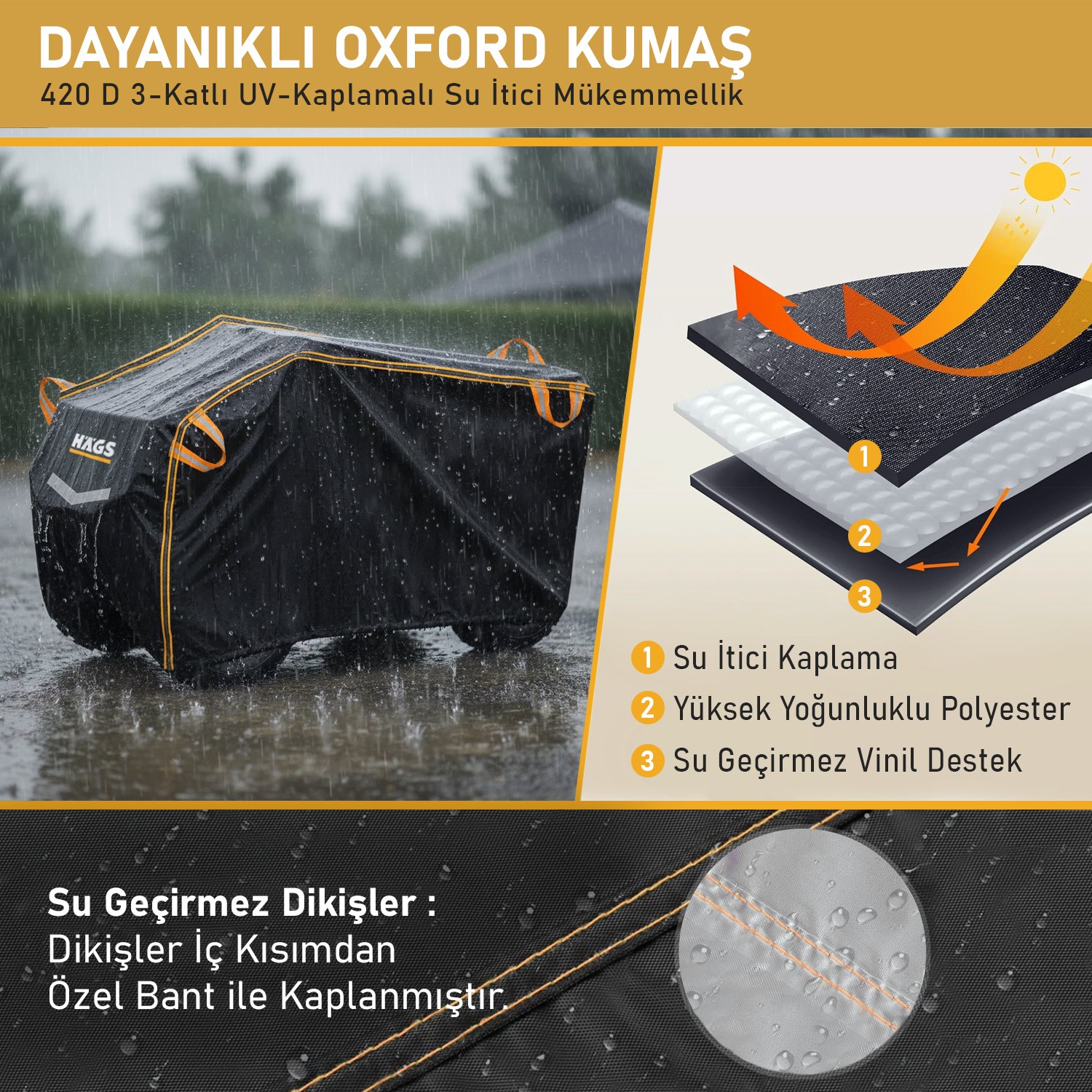 Haegs ATV Brandası, ATV Koruma Kılıfı, Örtüsü Su Geçirmez Dış Mekan Ağır Hizmet Tipi, 4 Mevsim (XL-210-120-115cm) - Siyah