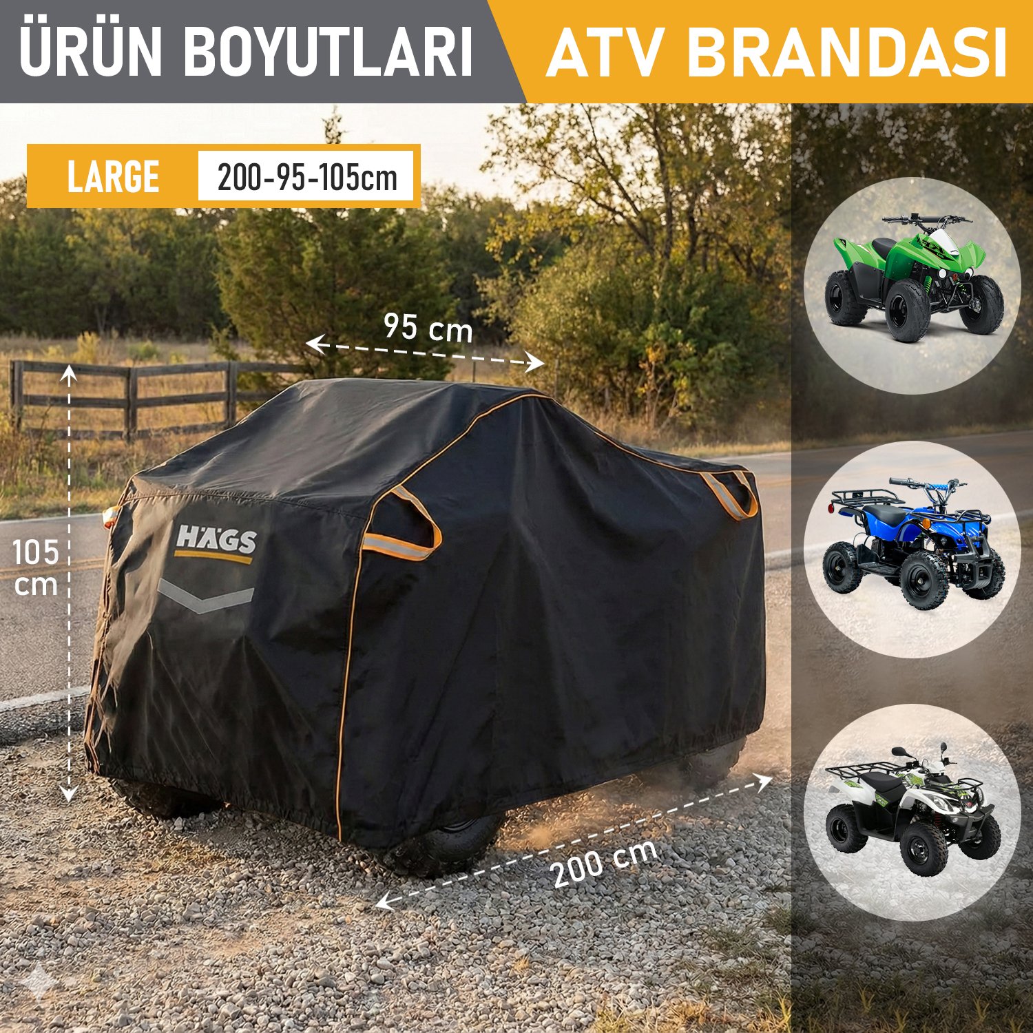 Haegs ATV Brandası, ATV Koruma Kılıfı, Örtüsü Su Geçirmez Dış Mekan Ağır Hizmet Tipi, 4 Mevsim (L-200-95-105cm) - Siyah - Gri