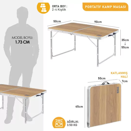 Haegs Portatif Kamp Masası, 2 Yükseklik Ayarlı, Katlanır Piknik Masası, Kolay Taşınabilir Alüminyum Masa - 90x50 - Hareli Ceviz