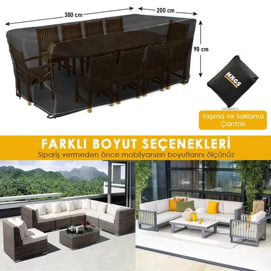 Haegs Bahçe Mobilyası Örtüsü, 300-200-90cm, Ağır Hizmet Oxford Kumaş, Su Geçirmez, Dış Mekan Veranda Masa Örtüsü, Havalandırmalı Masa ve Sandalye Koruma Kılıfı Siyah