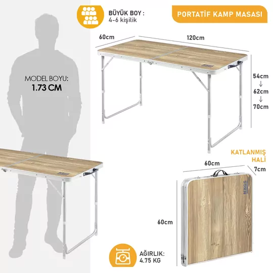 Haegs Portatif Kamp Masası, 3 Yükseklik Ayarlı, Katlanır Piknik Masası, Kolay Taşınabilir Alüminyum Masa - 120x60 - Naturel Meşe