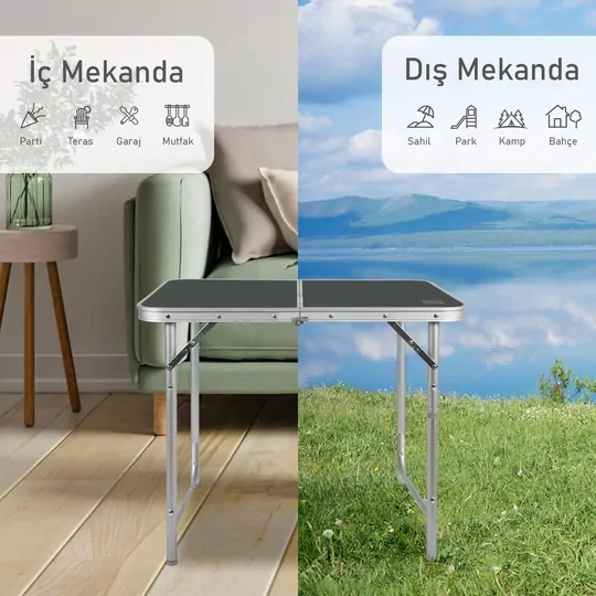 Haegs Portatif Kamp Masası, 3 Yükseklik Ayarlı, Katlanır Piknik Masası, Kolay Taşınabilir Alüminyum Masa - 120x60 - Naturel Meşe