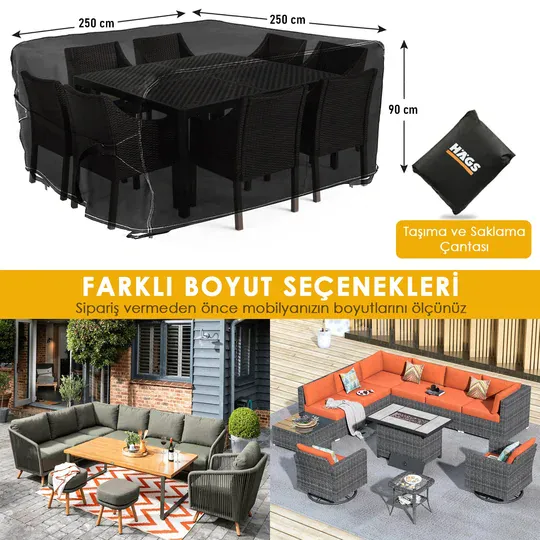 Haegs Bahçe Mobilyası Örtüsü, 250-250-90cm, Ağır Hizmet Oxford Kumaş, Su Geçirmez, Dış Mekan Veranda Masa Örtüsü, Havalandırmalı Masa ve Sandalye Koruma Kılıfı Gri