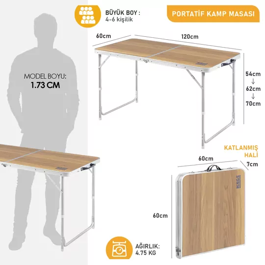 Haegs Portatif Kamp Masası, 3 Yükseklik Ayarlı, Katlanır Piknik Masası, Kolay Taşınabilir Alüminyum Masa - 120x60 - Hareli Ceviz