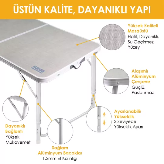 Haegs Portatif Kamp Masası, 3 Yükseklik Ayarlı, Katlanır Piknik Masası, Kolay Taşınabilir Alüminyum Masa - 120x60 - Hareli Ceviz