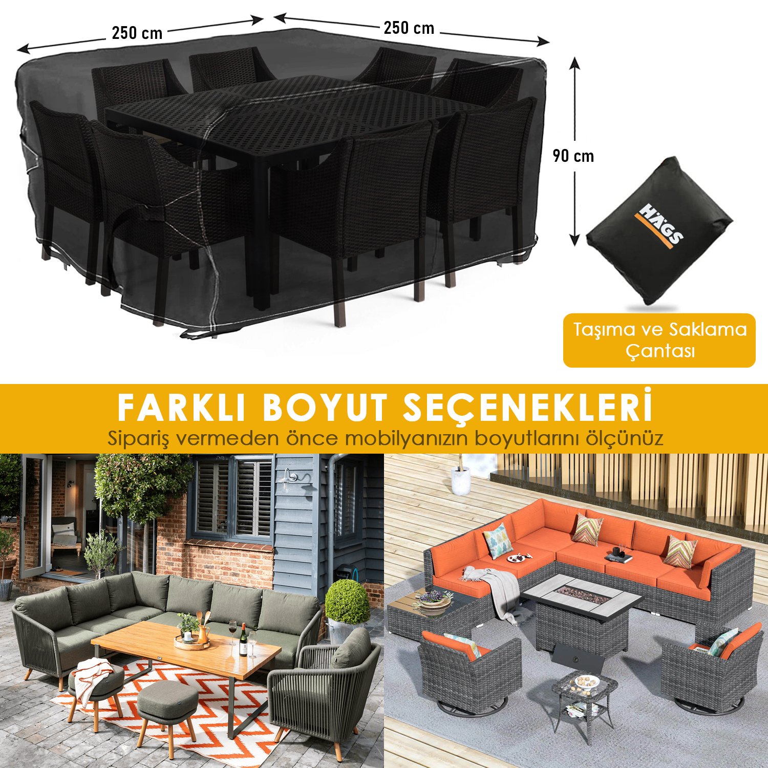 Haegs Bahçe Mobilyası Örtüsü, 250-250-90cm, Ağır Hizmet Oxford Kumaş, Su Geçirmez, Dış Mekan Veranda Masa Örtüsü, Havalandırmalı Masa ve Sandalye Koruma Kılıfı Siyah