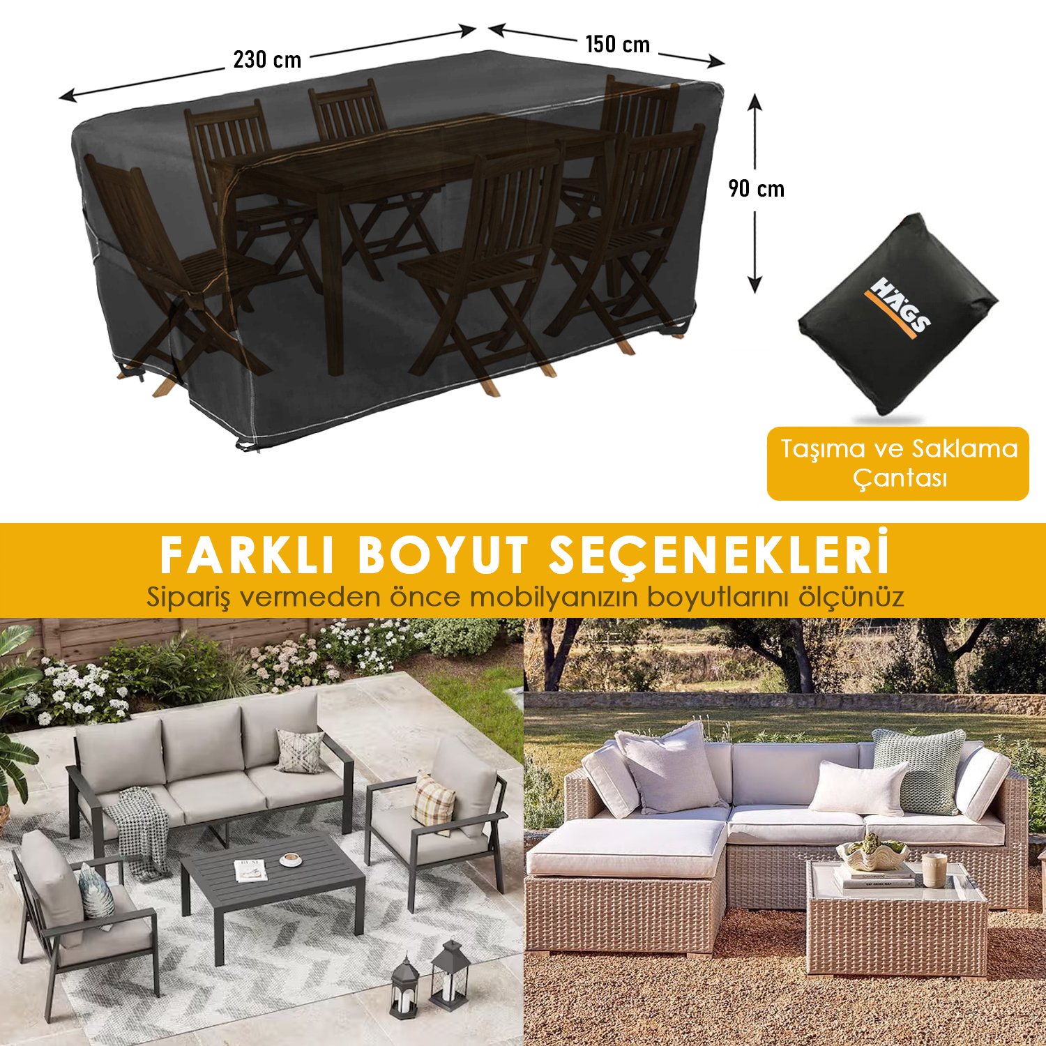 Haegs Bahçe Mobilyası Örtüsü, 230-150-90cm, Ağır Hizmet Oxford Kumaş, Su Geçirmez, Dış Mekan Veranda Masa Örtüsü, Havalandırmalı Masa ve Sandalye Koruma Kılıfı Gri