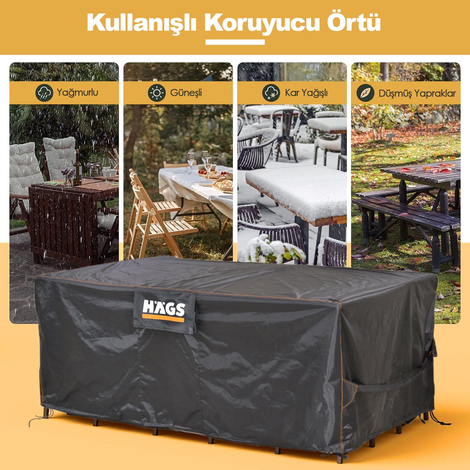 Haegs Bahçe Mobilyası Örtüsü, 230-150-90cm, Ağır Hizmet Oxford Kumaş, Su Geçirmez, Dış Mekan Veranda Masa Örtüsü, Havalandırmalı Masa ve Sandalye Koruma Kılıfı Siyah