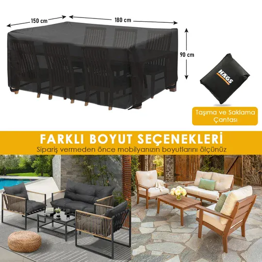 Haegs Bahçe Mobilyası Örtüsü, 180-150-90cm, Ağır Hizmet Oxford Kumaş, Su Geçirmez, Dış Mekan Veranda Masa Örtüsü, Havalandırmalı Masa ve Sandalye Koruma Kılıfı Siyah