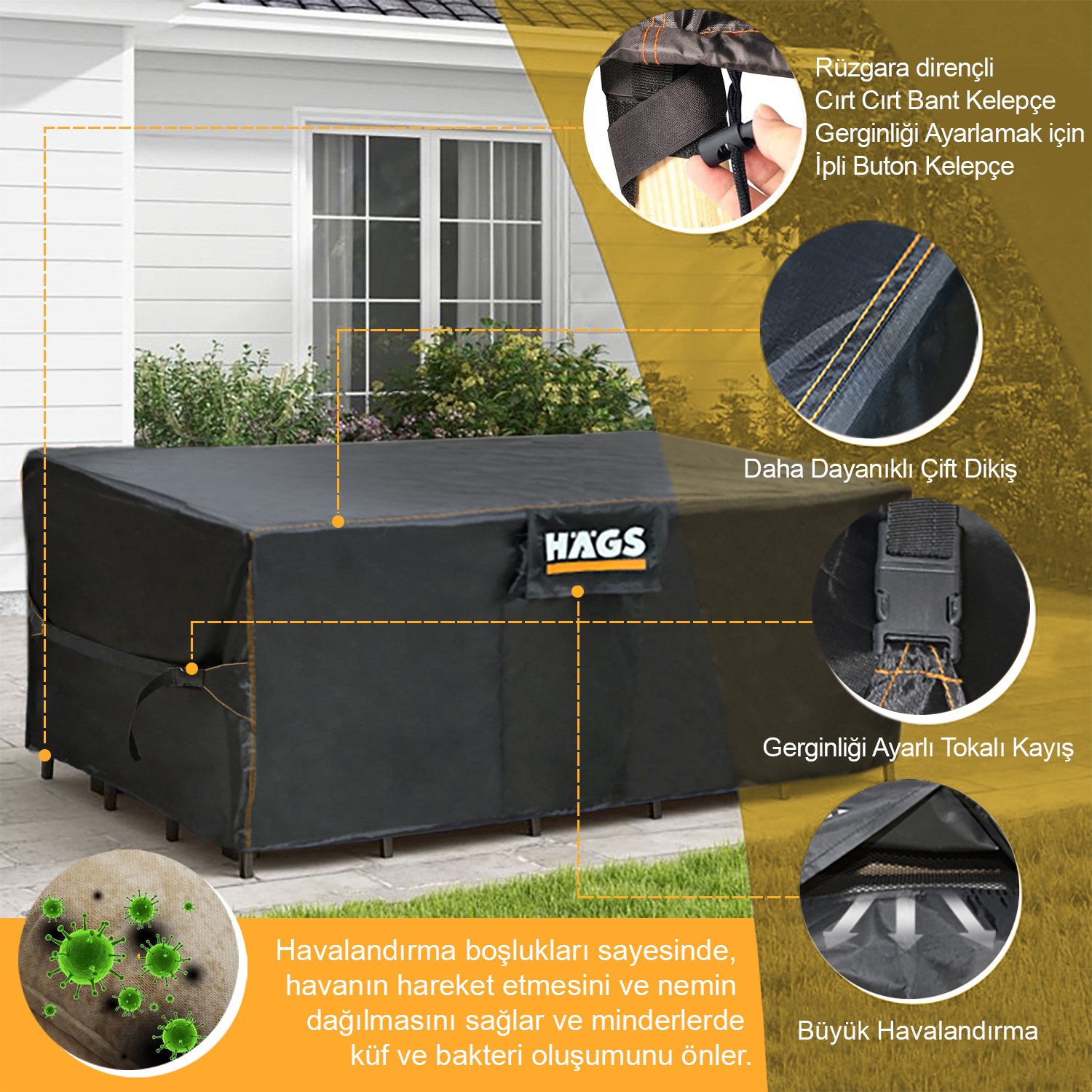 Haegs Bahçe Mobilyası Örtüsü, 180-150-90cm, Ağır Hizmet Oxford Kumaş, Su Geçirmez, Dış Mekan Veranda Masa Örtüsü, Havalandırmalı Masa ve Sandalye Koruma Kılıfı Siyah