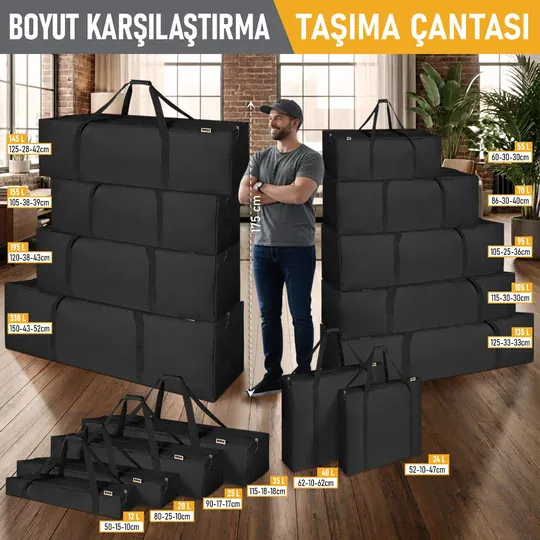 Haegs Taşıma Çantası, Fermuarlı Dayanıklı Seyahat Spor, Kamp Malzemeleri Saklama Çantası, Hurç, Valiz, 95L (105 x 25 x 36 cm) - Siyah