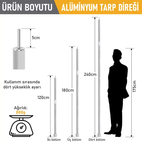 HAEGS Ayarlanabilir Tarp Tente Direkleri, 2`li Set, Teleskopik Alüminyum Çadır Gölgelik Branda Direkleri, Kamp Direği Katlanabilir Hafif Karavan Araç Yan Tente Direği  - Gümüş