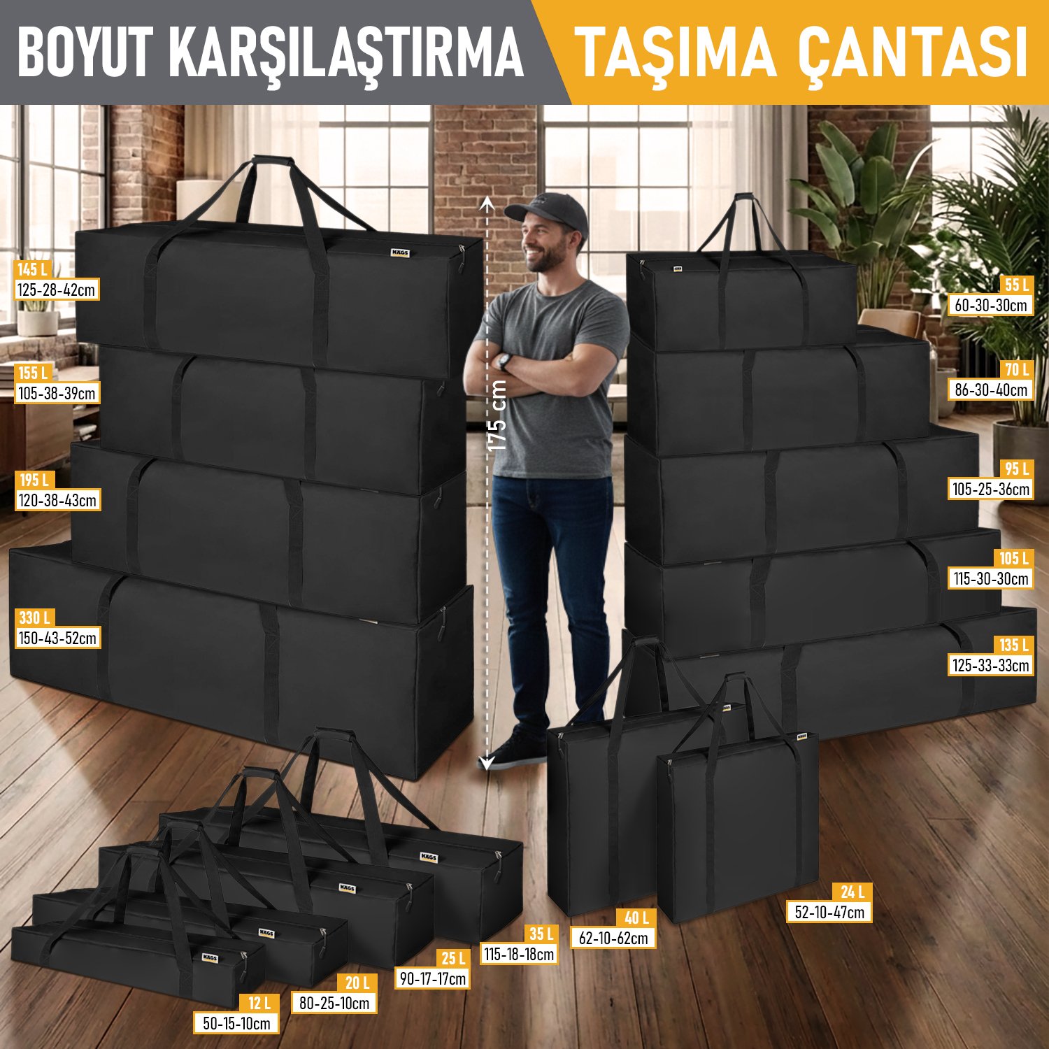 Haegs Taşıma Çantası, İnce Yassı Çok Amaçlı, Kamp Masası Çantası, Fermuarlı Dayanıklı Saklama Çantası, 24L (52 x 10 x 47 cm) Siyah