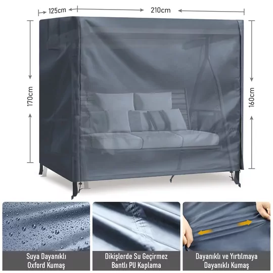 HAEGS Bahçe Salıncak Koruma Örtüsü Üç Kişilik Tenteli Hamak Bahçe Salıncağı Koruma Kılıfı Su Geçirmez Branda Dayanıklı 210x125x170cm Gri