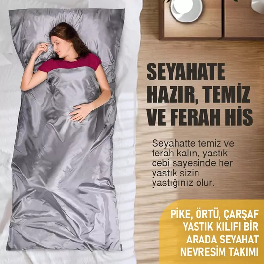 Haegs Seyahat Uyku Nevresimi, Saten Polyester, Hafif Kompakt Taşınabilir Seyahat tipi Nevresim Takımı, Otel için Temiz Çarşaf, Kamp Uyku Tulumu Astarı, Kamp Çadır Çarşafı 220 x 105cm Gri