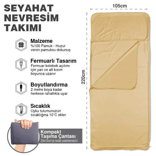 Haegs Seyahat Uyku Nevresimi, %100 Pamuk, Hafif Kompakt Taşınabilir Seyahat tipi Nevresim Takımı, Otel için Temiz Çarşaf, Kamp Uyku Tulumu Astarı, Kamp Çadır Çarşafı 220 x 105cm Gold