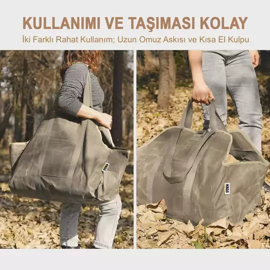 Haegs Ağır Hizmet Çantası, Waxed Kanvas, Şömine Odun Çantası, Yakacak Kütük Taşıma Depolama Çantası, Şömine Odunluk Aksesuarları - Büyük Boy - Haki