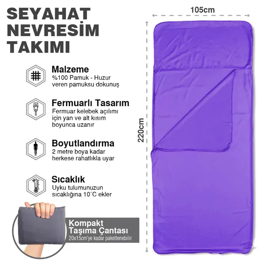 Haegs Seyahat Uyku Nevresimi, %100 Pamuk, Hafif Kompakt Taşınabilir Seyahat tipi Nevresim Takımı, Otel için Temiz Çarşaf, Kamp Uyku Tulumu Astarı, Kamp Çadır Çarşafı 220 x 105cm Lila