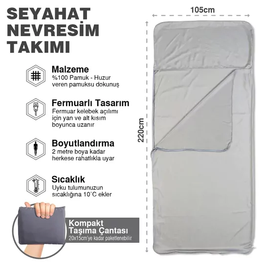 Haegs Seyahat Uyku Nevresimi, %100 Pamuk, Hafif Kompakt Taşınabilir Seyahat tipi Nevresim Takımı, Otel için Temiz Çarşaf, Kamp Uyku Tulumu Astarı, Kamp Çadır Çarşafı 220 x 105cm Gri